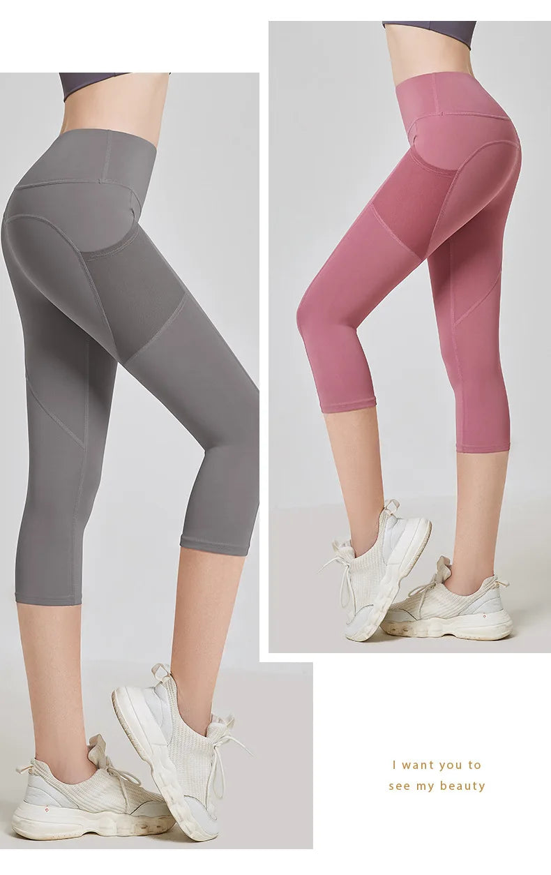 Women Sport Leggings High Waist Yoga Pant With Pocket Quick Dry Running Capris Elastic Cropped Trousers Gym Fitness Tights Femme