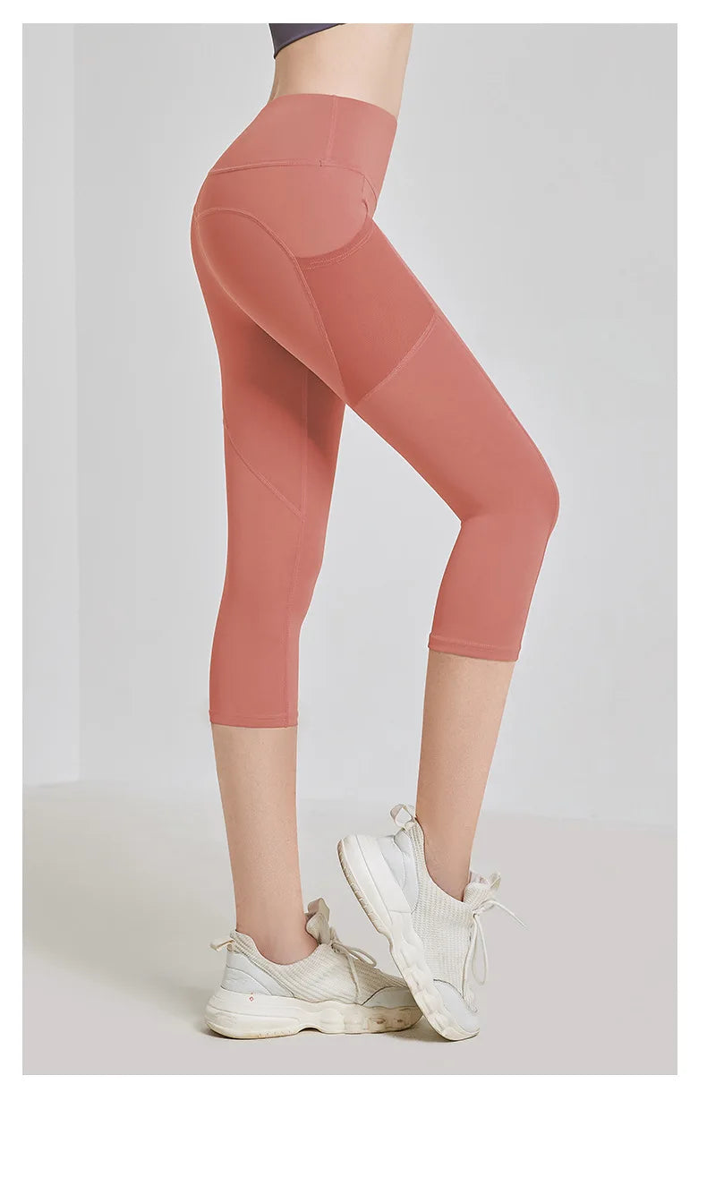 Women Sport Leggings High Waist Yoga Pant With Pocket Quick Dry Running Capris Elastic Cropped Trousers Gym Fitness Tights Femme