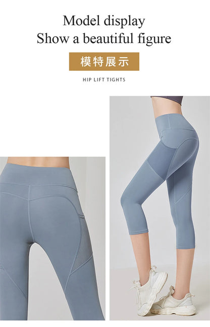 Women Sport Leggings High Waist Yoga Pant With Pocket Quick Dry Running Capris Elastic Cropped Trousers Gym Fitness Tights Femme