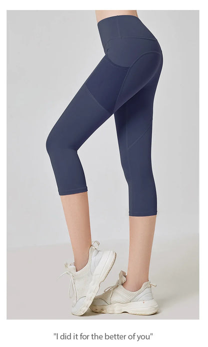 Women Sport Leggings High Waist Yoga Pant With Pocket Quick Dry Running Capris Elastic Cropped Trousers Gym Fitness Tights Femme