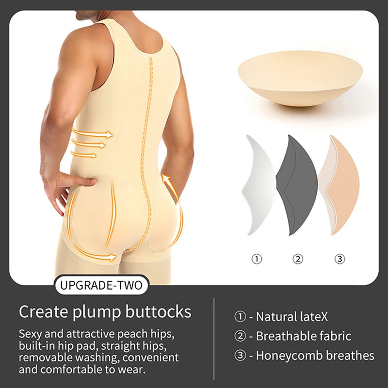Men Compression Shapewear Hip Enhancer with Pads Tummy Control Bodysuit Waist Trainer Full Body Shaper Shirts Shorts Slim Belly